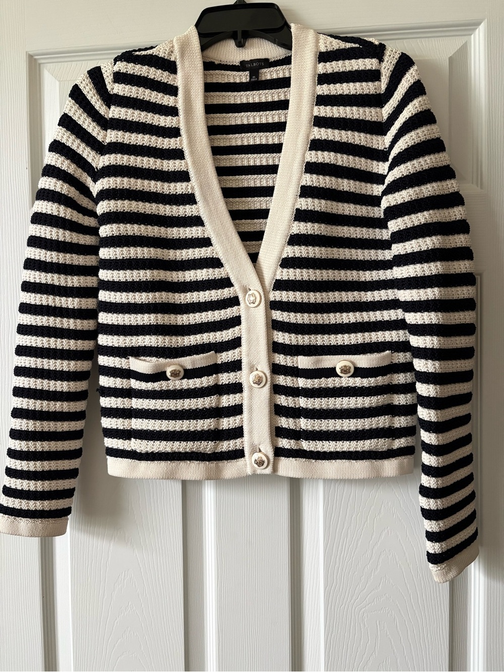 Talbots Navy and Cream Striped Knit Cardigan
